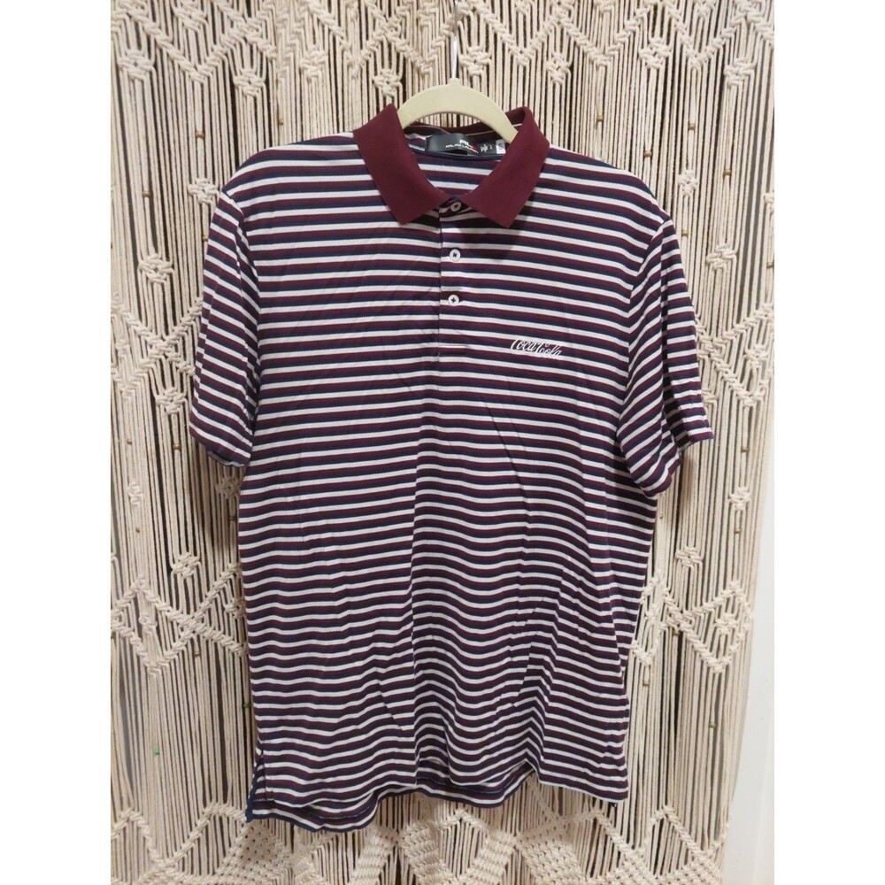 RLX Ralph Lauren Men's Polo Shirt Blue Red White Stripes Coca-Cola Logo Sz L